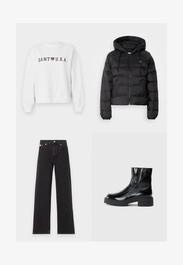 Calvin Klein Jeans LIGHTWEIGHT LOGO PUFFER - Winter jacket - black; White sweatshirt made from cotton, featuring a navy logo "GANT U.S.A." with a shield emblem and ribbed cuffs and hem.; Black wide-leg jeans made of denim, featuring a high-rise waist, five-pocket styling, and a metal button closure with contrasting stitching.; Black ankle boots with a glossy patent leather finish, chunky black rubber sole, and raised heel; includes subtle logo detail on the side.