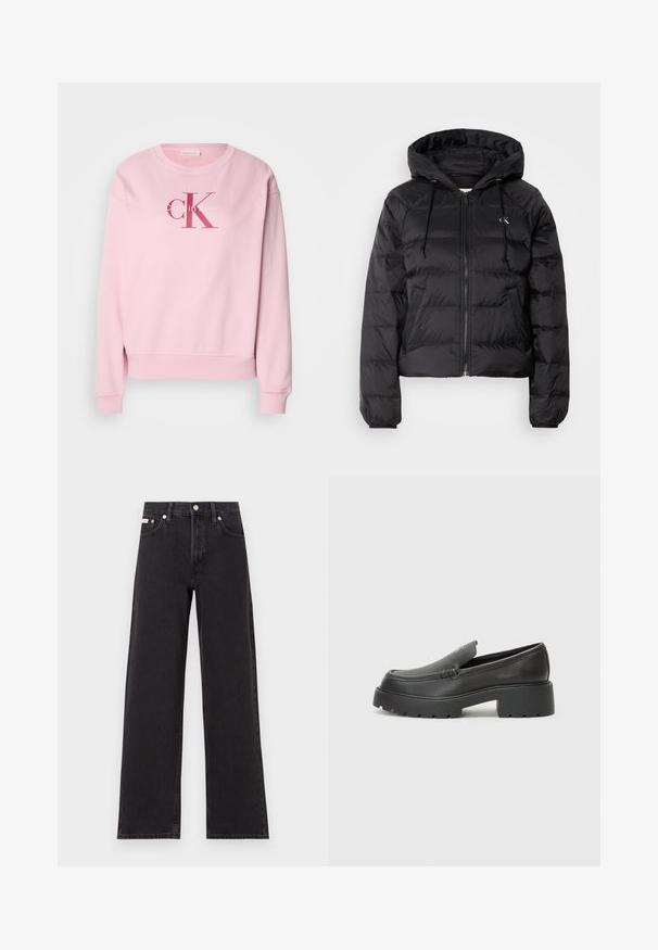 Calvin Klein Jeans LIGHTWEIGHT LOGO PUFFER - Zimska jakna - black; Roza pulover z okroglim izrezom, dolgimi rokavi in sprednjim logotipom s tekstom "Calvin Klein" in "cK" v kontrastnih barvah.; Črne široke jeans hlače iz denima, s poudarjenim pasom, petimi žepi in kovinskim gumbom za zapiranje ter kontrastnim šivanjem.; Črne usnjene loafers čevlje z zaobljenim nosom, debelim teksturiranim podplatom in minimalnimi šivi. Elegantna zasnova brez vidnih vezalk ali kovinskih delov.