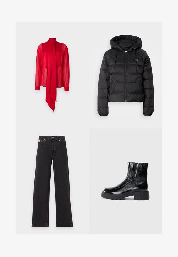 Calvin Klein Jeans LIGHTWEIGHT LOGO PUFFER - Zimska jakna - black; Crvena, prozirna bluzica s visokim ovratnikom i dugim rukavima. Ima istaknut, drapirani detalj u obliku mašne sprijeda i uske manžetne.; Crne široke traperice od denima, s visokim strukom, pet džepova i metalnim zatvaranjem s kontrastnim šavovima.; Crne gležnjače s sjajnim lakiranim završetkom, debelim crnim gumastim potplatima i povišenim potpeticama; uključuju suptilan detalj loga sa strane.