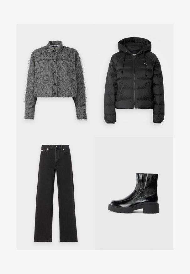 Calvin Klein Jeans LIGHTWEIGHT LOGO PUFFER - Zimní bunda - black; Černá a šedá žinylková zkrácená bunda s knoflíkovým zapínáním, dlouhými rukávy a klasickým límcem s texturovaným huňatým povrchem.; Černé široké jeansy vyrobené z denimu, s vysokým pasem, pěti kapsami a kovovým zapínáním s kontrastním prošíváním.; Černé kotníkové boty s lesklým lakovaným povrchem, robustní černou gumovou podešví a zvýšeným podpatkem; obsahují jemný logo detail na boku.