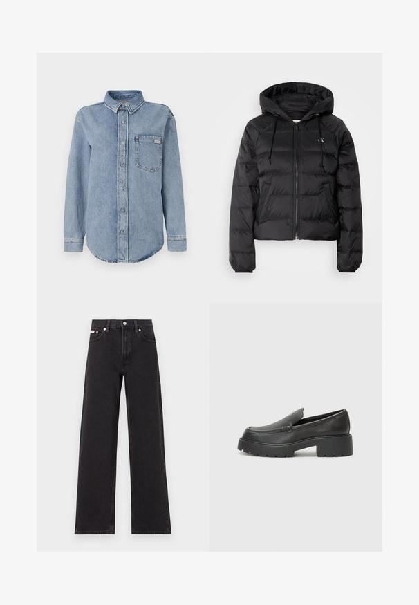 Calvin Klein Jeans LIGHTWEIGHT LOGO PUFFER - Winter jacket - black; Light blue denim shirt with long sleeves, button-down front, chest pocket, and spread collar. Features a faded finish and stitching details.; Black wide-leg jeans made of denim, featuring a high-rise waist, five-pocket styling, and a metal button closure with contrasting stitching.; Black leather loafers with a rounded toe, thick textured sole, and minimal stitching details. Sleek design with no visible laces or hardware.