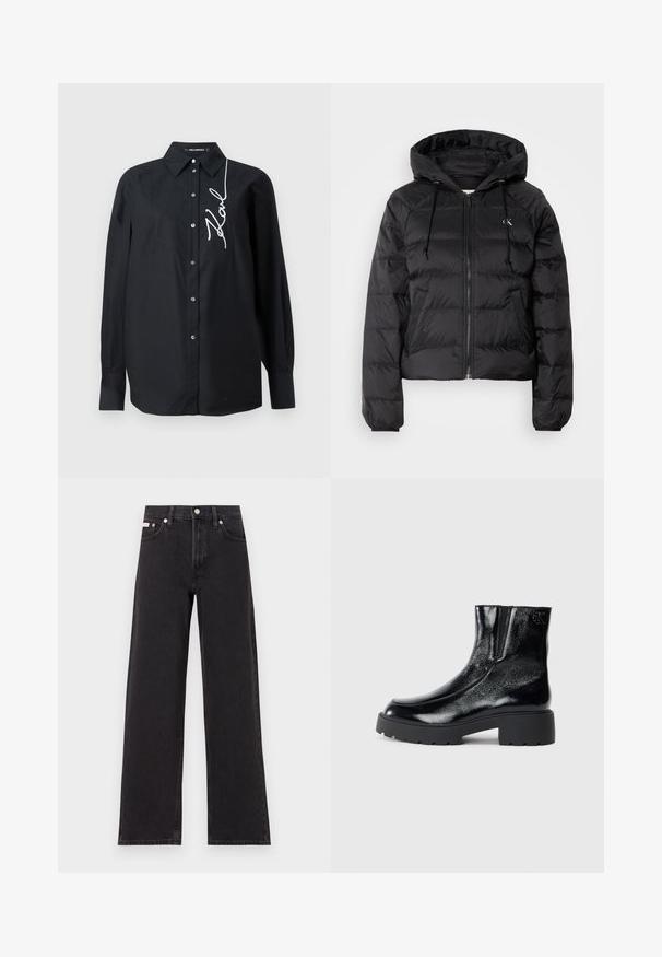 Calvin Klein Jeans LIGHTWEIGHT LOGO PUFFER - Winter jacket - black; Black long-sleeve button-up shirt with collar and white cursive "Karl" embroidery down the right chest area.; Black wide-leg jeans made of denim, featuring a high-rise waist, five-pocket styling, and a metal button closure with contrasting stitching.; Black ankle boots with a glossy patent leather finish, chunky black rubber sole, and raised heel; includes subtle logo detail on the side.