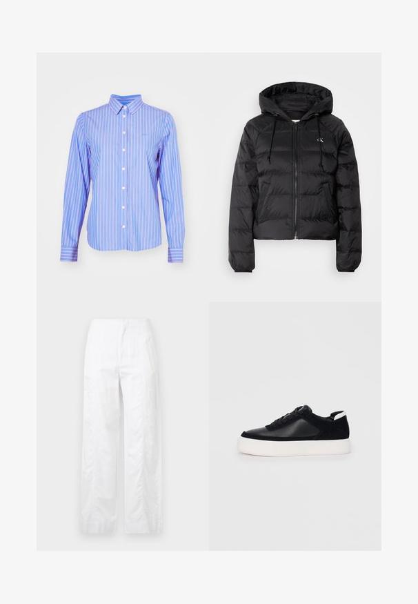 Calvin Klein Jeans LIGHTWEIGHT LOGO PUFFER - Zimska jakna - black; GANT STRIPED - Bluza s gumbima - hellblau/weiß; Bijele široke hlače od laganog materijala, s glatkom teksturom, čistim linijama i visokim strukom.; Crne tenisice s glatkom kožom i panelima od antilopa, ravne vezice, zaobljenim vrhom i bijelim gumeni potplat. Izraziti logo na peti.