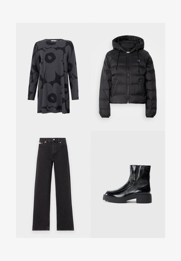 Calvin Klein Jeans LIGHTWEIGHT LOGO PUFFER - Jachetă de iarnă - black; Tunică cu mânecă lungă din țesătură jersey gri închis, cu un model floral mare, negru. Decolteu rotund și siluetă A-line relaxată.; Jeanși negri cu picioare largi, fabricați din denim, cu talie înaltă, stil cu cinci buzunare și închidere cu nasture metalic, cu cusături contrastante.; Botine negre până la gleznă, cu un finisaj de piele lacuită strălucitoare, talpă de cauciuc neagră masivă și toc înălțat; include detalii subtile cu logo pe lateral.
