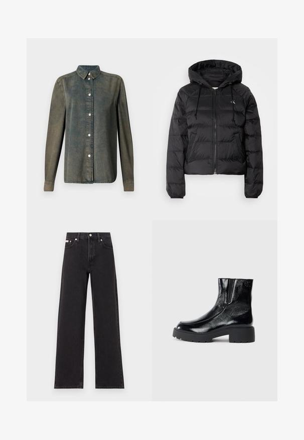 Calvin Klein Jeans LIGHTWEIGHT LOGO PUFFER - Žieminė striukė - black; Tamsiai žalia džinsinė marškinė su mygtukų užsegimu, smailiu apykakle, ilgomis rankovėmis ir sidabro spalvos mygtukais, pasižyminti minkšta, tekstūrine medžiaga.; Juodos plačios kojų džinsai, pagaminti iš džinsinio audinio, su aukštu liemeniu, penkių kišenių stiliumi ir metaline sagte su kontrastingo siuvimo detalėmis.; Juodi kulkšniniai batai su blizgia lakuota oda, storu juodu guminio pado ir pakeltu kulnu; šone yra subtilus logotipo detalė.