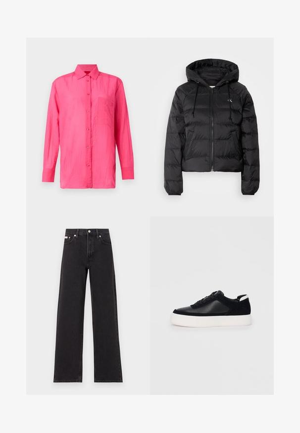 Calvin Klein Jeans LIGHTWEIGHT LOGO PUFFER - Casaco de inverno - black; Camisa de manga longa, com botões, numa cor pink brilhante, feita de material leve. Apresenta um bolso no peito e um acabamento de tecido texturizado.; Jeans de perna larga pretos feitos de denim, apresentando uma cintura alta, estilo de cinco bolsos e um fecho em botão de metal com costura contrastante.; Sapatilha preta com painéis de pele lisa e camurça, atacadores planos, bico arredondado e sola de borracha branca. Logótipo distinto no calcanhar.