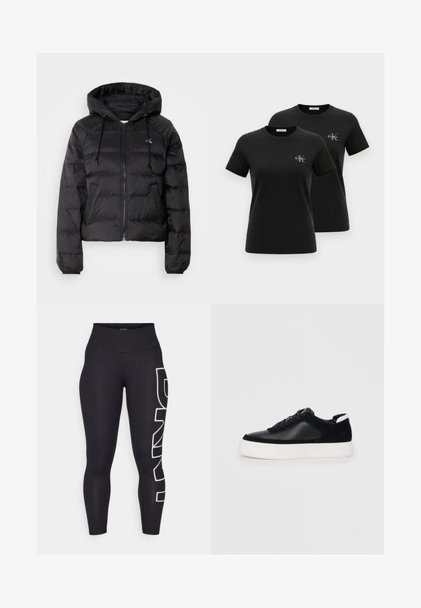 Calvin Klein Jeans LIGHTWEIGHT LOGO PUFFER - Veste d'hiver - black; Deux t-shirts noirs à manches courtes avec col rond et petits logos gris "CK Calvin Klein" sur le côté gauche de la poitrine, présentés sur un fond blanc.; Leggings noires en tissu extensible avec une taille haute. Présente un grand logo blanc imprimé verticalement sur la jambe gauche. Texture lisse.; Sneaker noir avec des panneaux en cuir lisse et en daim, lacets plats, bout rond et semelle en caoutchouc blanche. Logo distinct au niveau du talon.