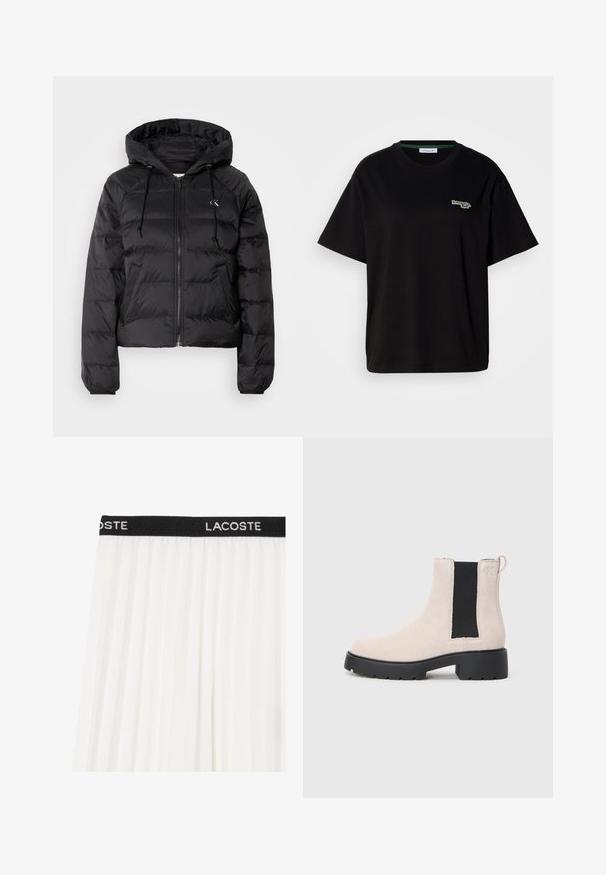 Calvin Klein Jeans LIGHTWEIGHT LOGO PUFFER - Winterjacke - black; Schwarzes Baumwoll-T-Shirt mit kurzen Ärmeln, das ein kleines grünes Logo-Detail auf der linken Brust aufweist. Klassischer Rundhalsausschnitt, lockere Passform.; Weißer plissierter Rock mit einem schwarzen Bund, auf dem "LACOSTE" in Weiß gestickt ist. Leichter, fließender Stoff mit einer glatten Textur.; Beige Wildleder Chelsea-Stiefel mit schwarzer elastischer Seitenpartie, dicker schwarzer Sohle und Zuglasche am Knöchel.