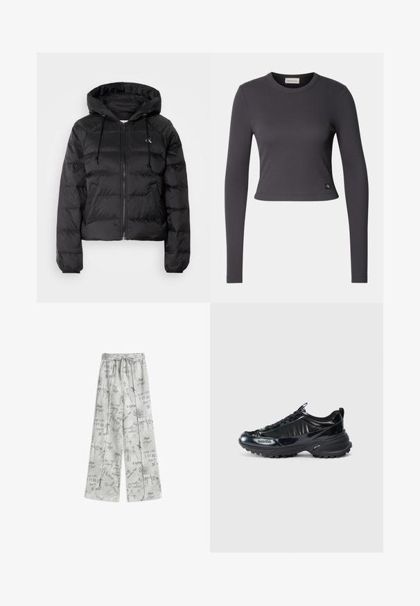 Calvin Klein Jeans LIGHTWEIGHT LOGO PUFFER - Zimní bunda - black; Dlouhý rukáv, zkrácený top v tmavě šedé ribované tkanině s kulatým výstřihem a malou nášivkou s logem na lemu. Hladká textura, přiléhavý střih.; Světle šedé kalhoty s širokými nohavicemi vyrobené z měkkého materiálu, s rozptýleným černým textem a grafickými vzory po celé ploše, s elastickým pasem a šňůrkou na stažení.; Černé lesklé tenisky s zakřiveným designem svršku, texturovanou gumovou podrážkou a šněrováním. Obsahují značkování na boku a poutko na zadní straně.