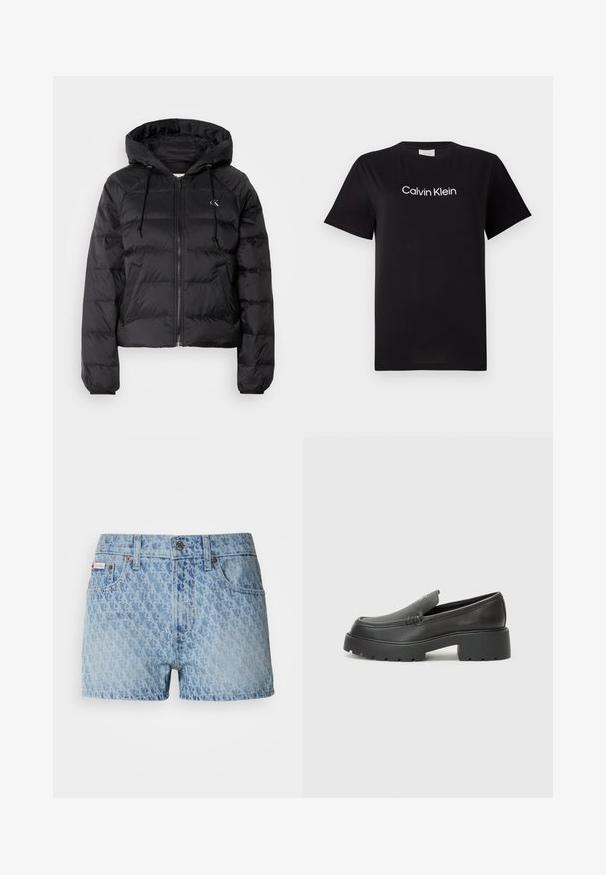 Calvin Klein Jeans LIGHTWEIGHT LOGO PUFFER - Zimska jakna - black; Črna bombažna majica s kratkimi rokavi, z belim logotipom "Calvin Klein" natisnjenim čez prsa. Klasična zasnova s krožnim izrezom.; Denim kratke hlače v svetlo modri barvi z teksturiranim, ponavljajočim se vzorcem. Imajo gumbasto zapiranje in rdečo blagovno oznako na levem žepu.; Črne usnjene loafers čevlje z zaobljenim nosom, debelim teksturiranim podplatom in minimalnimi šivi. Elegantna zasnova brez vidnih vezalk ali kovinskih delov.