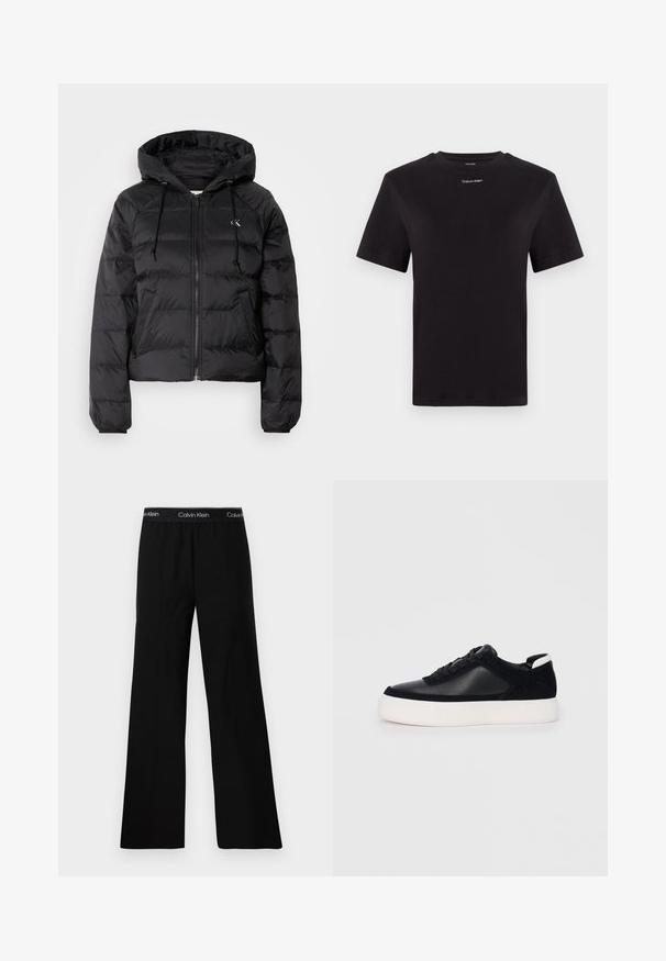 Calvin Klein Jeans LIGHTWEIGHT LOGO PUFFER - Winter jacket - black; Black cotton t-shirt with short sleeves, crew neck, and small white "Calvin Klein" logo at the chest. Smooth texture, classic fit.; Black wide-leg trousers with a smooth texture, featuring an elastic waistband labeled "Calvin Klein" in white text. Minimalist design.; Black sneaker with smooth leather and suede panels, flat laces, rounded toe, and a white rubber sole. Distinct logo on the heel.