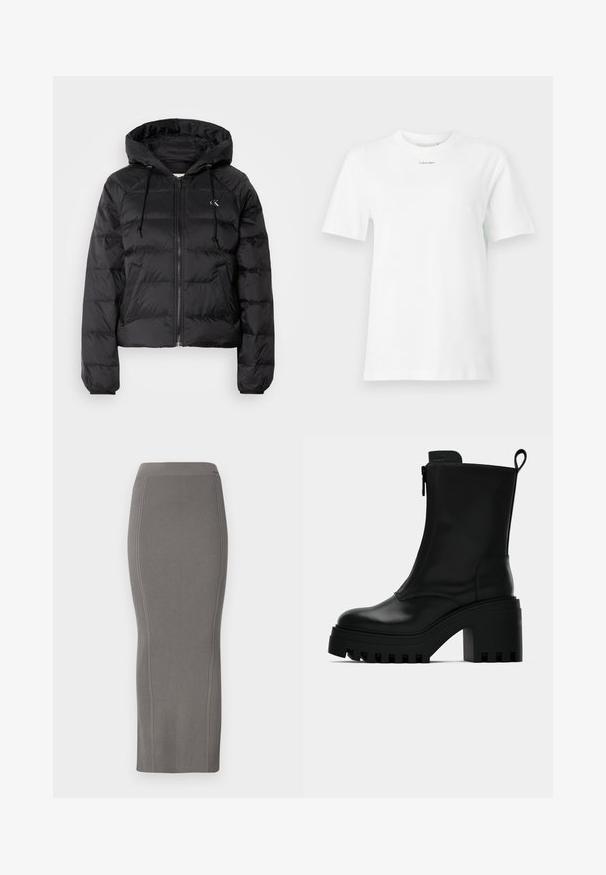 Calvin Klein Jeans LIGHTWEIGHT LOGO PUFFER - Zimní bunda - black; Bílý bavlněný tričko má kulatý výstřih, krátké rukávy a malé černé logo "Calvin Klein" na hrudi. Jednoduchý design, bez vzorů.; Šedá žebrovaná pletená tužková sukně s vysokým pasem, hladkou texturou, délky po kolena a přiléhavým střihem.; Černá kožená kotníková bota s robustní podrážkou, blokovým podpatkem, bočním zipem a poutkem na zadní straně na čistém bílém pozadí.