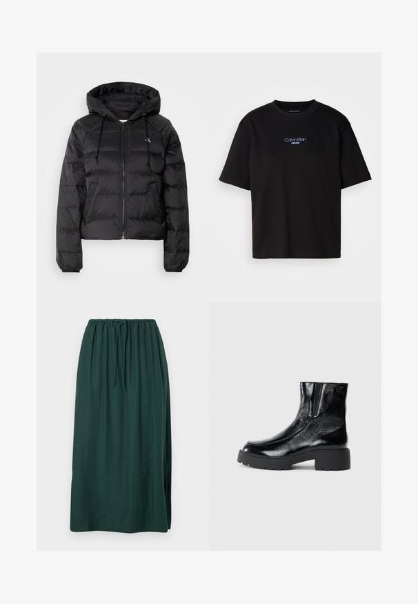 Calvin Klein Jeans LIGHTWEIGHT LOGO PUFFER - Casaco de inverno - black; T-shirt preta de algodão com gola redonda, mangas curtas e logo bordado azul "Calvin Klein JEANS" na parte da frente.; Saia longa, verde escura, feita de tecido liso, com cintura elástica e cordão, apresentando uma fenda lateral para maior movimento.; Botas de tornozelo pretas com acabamento em pele envernizada brilhante, sola de borracha preta robusta e salto elevado; inclui um detalhe discreto do logótipo na lateral.