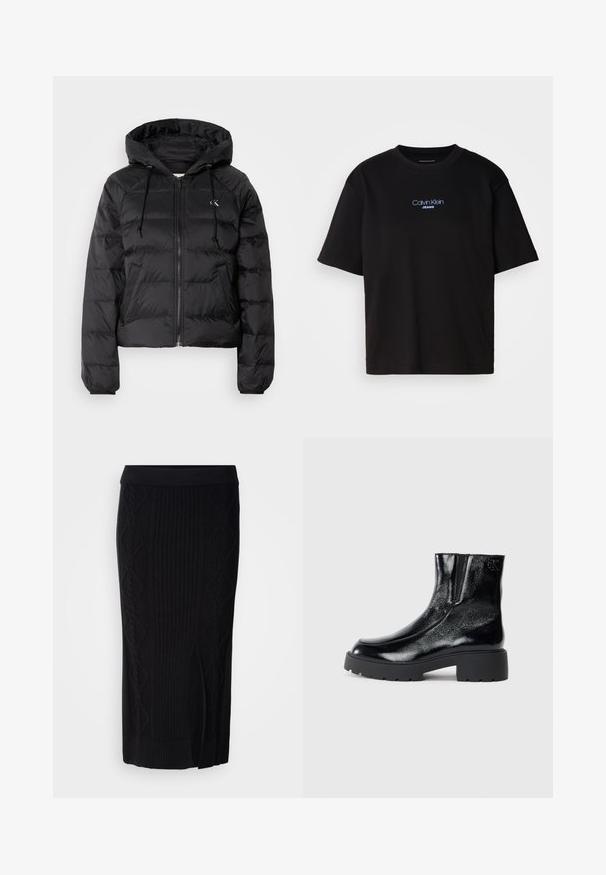 Calvin Klein Jeans LIGHTWEIGHT LOGO PUFFER - Zimska jakna - black; Crna pamučna majica s okruglim izrezom, kratkim rukavima i plavim izvezenim logom "Calvin Klein JEANS" na prednjoj strani.; Crna pletena midi suknja s rebrastom teksturom i dijamantnim uzorcima te bočnim prorezom. Mekani materijal s uskim pojasom.; Crne gležnjače s sjajnim lakiranim završetkom, debelim crnim gumastim potplatima i povišenim potpeticama; uključuju suptilan detalj loga sa strane.
