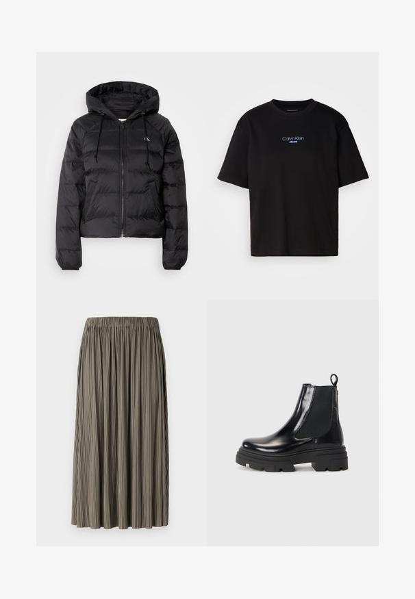 Calvin Klein Jeans LIGHTWEIGHT LOGO PUFFER - Vinterjakker - black; Sort bomulds t-shirt med rund hals, korte ærmer og blåt broderet "Calvin Klein JEANS" logo på fronten.; Plisseret midi-nederdel i en dæmpet olivengrøn nuance med elastisk talje, der har vertikal tekstur og en flydende silhuet.; Sorte læder ankelstøvler med et elegant design, elastiske sidepaneler og en kraftig sort sål. Har en hævet strop bagpå for nem påtagning.