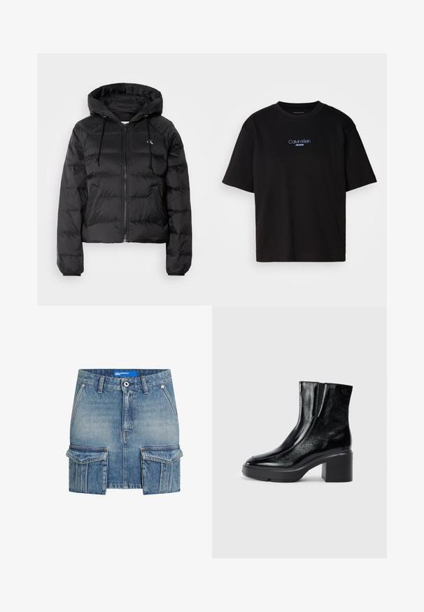 Calvin Klein Jeans LIGHTWEIGHT LOGO PUFFER - Jachetă de iarnă - black; Tricou din bumbac negru cu guler rotund, mâneci scurte și logo-ul brodat în albastru "Calvin Klein JEANS" pe față.; Fustă mini din denim de culoare albastru deschis, cu un aspect uzat. Prezintă două buzunare mari în față și închidere cu buton în față. Se poate spăla la mașină.; Bocanci de gleznă din piele lacuită neagră, cu vârf curbat, panouri elastice pe laterale și toc bloc masiv. Prezintă un logo embosat pe spate.