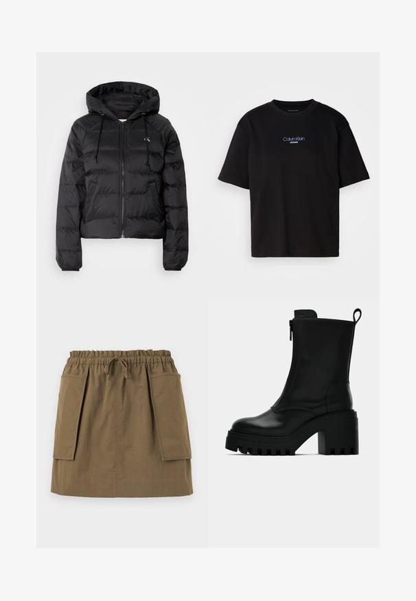 Calvin Klein Jeans LIGHTWEIGHT LOGO PUFFER - Téli dzseki - black; Fekete pamut póló kerek nyakkal, rövid ujjú, elöl kék hímzett "Calvin Klein JEANS" logóval.; Oliva zöld, térd fölé érő szoknya rugalmas derékkal, zsinórral és két nagy oldalsó zsebbel. Könnyű anyagból készült, látható varrásokkal.; Fekete bőr bokacsizma vastag talppal, tömb sarkú, oldalsó cipzárral és hátsó húzófüllel, sima fehér háttéren.