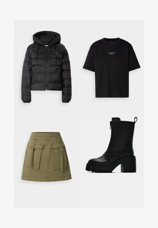 Calvin Klein Jeans LIGHTWEIGHT LOGO PUFFER - Vinterjakke - black; Sort bomull t-skjorte med rund hals, korte ermer, og blå brodert "Calvin Klein JEANS" logo på forsiden.; Olivenfarget skjørt laget av bomullsblandingsstoff, med elastisk liv, to frontlommer og rett fald.; Sorte lær ankelsko med kraftig såle, blokkhæl, sidelukking med glidelås og trekketap bak på ensfarget hvit bakgrunn.