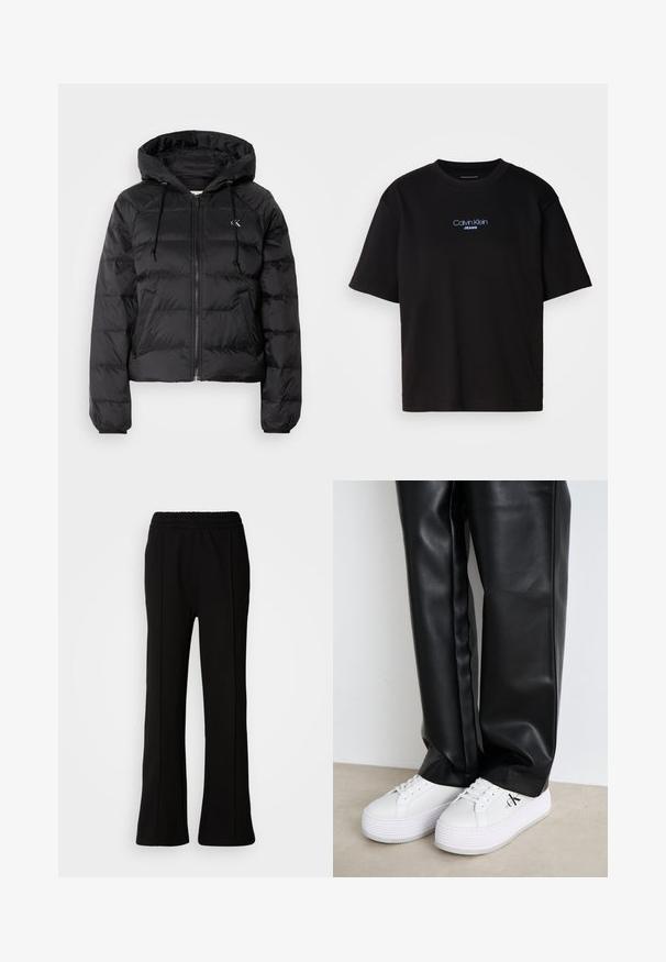 Calvin Klein Jeans LIGHTWEIGHT LOGO PUFFER - Chaqueta de invierno - black; Camiseta de algodón negra con cuello redondo, manga corta y el logotipo azul bordado de "Calvin Klein JEANS" en el frente.; Pantalones negros de cintura elástica con un diseño acampanado, que presentan líneas limpias y sin adornos visibles. Fabricados con una tela suave y elástica.; Zapatillas blancas con cuero texturizado y suave. Presentan suelas gruesas y un logo sutil en el lado. Combinadas con pantalones de cuero sintético negros.