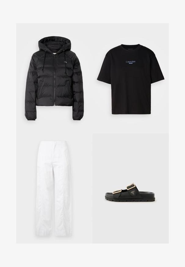 Calvin Klein Jeans LIGHTWEIGHT LOGO PUFFER - Zimná bunda - black; Čierne bavlnené tričko s okrúhlym výstrihom, krátkymi rukávmi a modrým vyšívaným logom "Calvin Klein JEANS" na prednej strane.; Biele široké nohavice z ľahkej látky, s hladkou textúrou, čistými líniami a vysokým pásom.; Čierne sklzné sandále s dvoma nastaviteľnými popruhmi, zlatými prackami, textúrovaným gumovým vrchom a hrubou textúrovanou podrážkou. Logo zobrazené na boku.