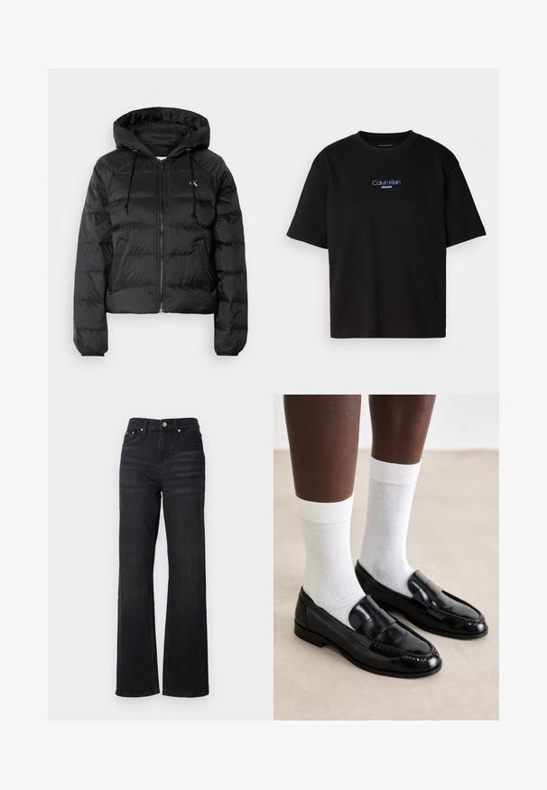 Calvin Klein Jeans LIGHTWEIGHT LOGO PUFFER - Winter jacket - black; Black cotton t-shirt with a round neck, short sleeves, and blue embroidered "Calvin Klein JEANS" logo on the front.; Black denim wide-leg jeans with a high waist, five-pocket design, and silver metal button. Fabric has a smooth texture and slight stretch.; Black patent leather loafers with a stitched design, paired with white cotton crew socks, displayed against a light floor background.
