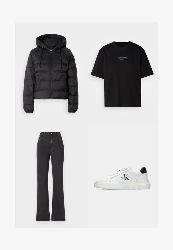 Calvin Klein Jeans LIGHTWEIGHT LOGO PUFFER - Winter jacket - black; Black cotton t-shirt with a round neck, short sleeves, and blue embroidered "Calvin Klein JEANS" logo on the front.; Black high-waisted flared jeans made of denim, featuring a button closure, belt loops, and side pockets. Smooth texture with minimal fading.; White low-top sneaker with black heel tab, platform sole, laces, and Calvin Klein "CK" logo on the side.