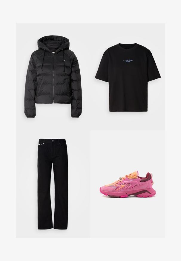 Calvin Klein Jeans LIGHTWEIGHT LOGO PUFFER - Vinterjakke - black; Sort bomull t-skjorte med rund hals, korte ermer, og blå brodert "Calvin Klein JEANS" logo på forsiden.; Svart denim rettfittede bukser med fem lommer, sølvnitter og knappestolpe. Stoffet har en glatt, lett teksturert overflate.; Rosa treningssko med en kombinasjon av materialer, inkludert mesh og semsket skinn, med oransje og burgunder detaljer, samt såle med tekstur.