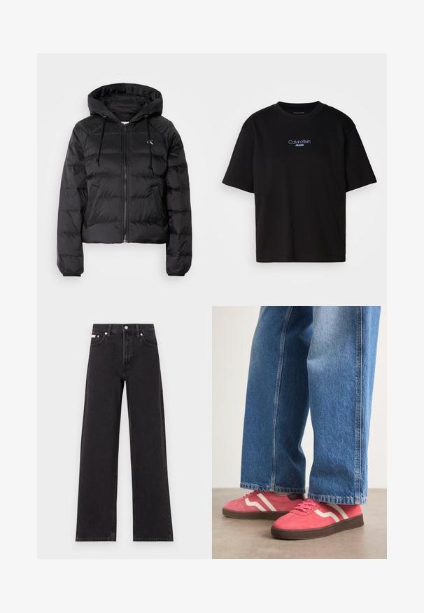 Calvin Klein Jeans LIGHTWEIGHT LOGO PUFFER - Zimska jakna - black; Crna pamučna majica s okruglim izrezom, kratkim rukavima i plavim izvezenim logom "Calvin Klein JEANS" na prednjoj strani.; Crne široke traperice od denima, s visokim strukom, pet džepova i metalnim zatvaranjem s kontrastnim šavovima.; Roze zamšaste tenisice s bijelim valovitim prugama i smešnim gumenim potplatima, uparene sa svijetloplavim širokim trapericama.