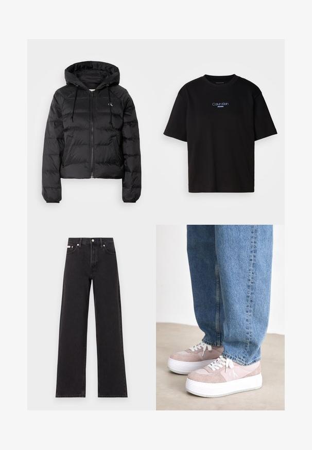 Calvin Klein Jeans LIGHTWEIGHT LOGO PUFFER - Talvejope - black; Mustmust särk ümmarguse kaelusega, lühikeste varrukatega ja sinise tikandiga "Calvin Klein JEANS" logo ees.; Mustad laiad mustad teksad, millel on kõrge vöökoht, viie tasku stiil ja metallist nööpkinnitus kontrastsete õmblustega.; Heledad roosad tossud, mis on valmistatud nubukist ja kangast, valge platvormi tald, ümmargune varvas ja nöörid, koos siniste teksadega.