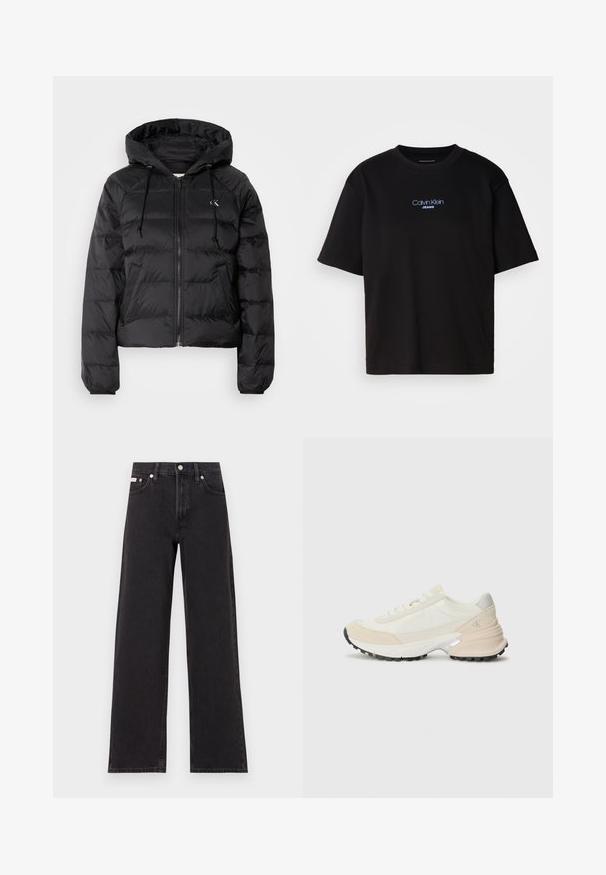 Calvin Klein Jeans LIGHTWEIGHT LOGO PUFFER - Zimní bunda - black; Černé bavlněné tričko s kulatým výstřihem a krátkými rukávy, s modrou vyšitou nášivkou "Calvin Klein JEANS" na přední straně.; Černé široké jeansy vyrobené z denimu, s vysokým pasem, pěti kapsami a kovovým zapínáním s kontrastním prošíváním.; Lehké tenisky s béžovými a bílými materiály, polstrovaným límcem, texturovanými semišovými akcenty a černou gumovou podrážkou.