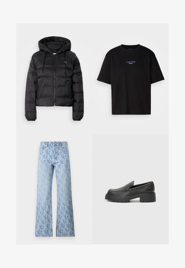 Calvin Klein Jeans LIGHTWEIGHT LOGO PUFFER - Talvejope - black; Mustmust särk ümmarguse kaelusega, lühikeste varrukatega ja sinise tikandiga "Calvin Klein JEANS" logo ees.; Heledad sinine denim-tehnika, millel on laiad sääred ja mis on kaetud omavahel põimuvate tähtede mustriga, mis on veidi tumedamas varjus. Klassikaline viie tasku disain.; Mustad nahast loafers ümarate varvastega, paksu tekstuuriga tald ja minimaalsete õmbluse detailidega. Viimistletud disain, kus pole nähtavaid paelu ega riistu.