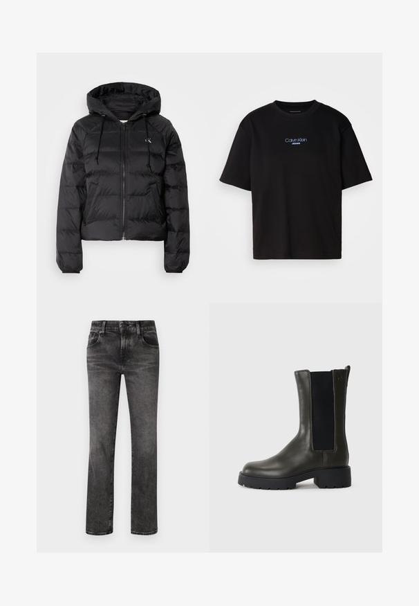 Calvin Klein Jeans LIGHTWEIGHT LOGO PUFFER - Žieminė striukė - black; Juodas medvilnės marškinėliai su apykakle, trumpomis rankovėmis ir mėlynai siuvinėtu "Calvin Klein JEANS" logotipu priekyje.; Juodi džinsai su tiesiu kirpimu, turintys penkias kišenes, mygtuką ir užtrauktuką, taip pat su švelniu blukimu per audinį.; Žalios odinės aulinės bateliai su elastinėmis šoninėmis panelėmis, apvaliu pirštu ir guminiais padais. Yra tekstūruotas paviršius ir kvadratinis kulnas.