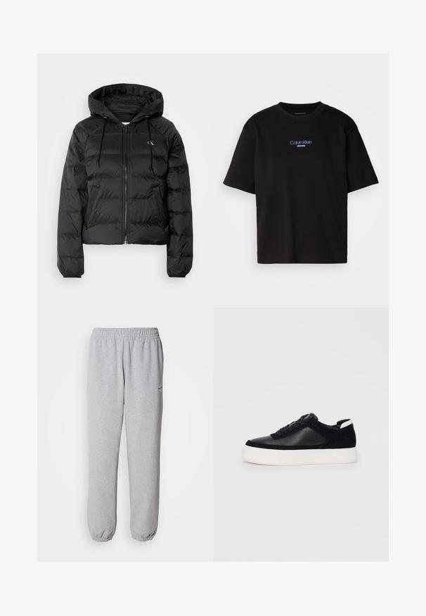 Calvin Klein Jeans LIGHTWEIGHT LOGO PUFFER - Casaco de inverno - black; T-shirt preta de algodão com gola redonda, mangas curtas e logo bordado azul "Calvin Klein JEANS" na parte da frente.; Calças de fato cinzentas feitas de um tecido macio e texturizado. Cintura elástica e punhos, apresentando um pequeno logótipo do lado esquerdo.; Sapatilha preta com painéis de pele lisa e camurça, atacadores planos, bico arredondado e sola de borracha branca. Logótipo distinto no calcanhar.