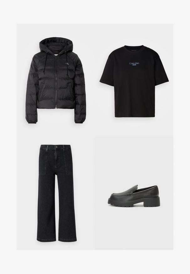 Calvin Klein Jeans LIGHTWEIGHT LOGO PUFFER - Giacca invernale - black; T-shirt nera in cotone con colletto rotondo, maniche corte e logo ricamato blu "Calvin Klein JEANS" sul davanti.; Jeans neri a gamba larga in tessuto denim, con vita alta, tasche anteriori e chiusura con bottone. Linee pulite e nessun motivo visibile.; Mocassini in pelle nera con punta arrotondata, suola spessa e testurizzata, e minime cuciture. Design elegante senza lacci o parti metalliche visibili.