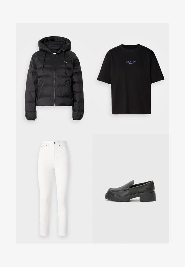 Calvin Klein Jeans LIGHTWEIGHT LOGO PUFFER - Talvitakki - black; Musta puuvillainen t-paita, jossa on pyöreä kaula-aukko, lyhyet hihat ja sininen brodeerattu "Calvin Klein JEANS" -logo edessä.; Valkoiset farkut, joissa on korkea vyötärö, kapeneva lahje ja viisi taskua. Varustettu metallinapeilla ja niiteillä, sileä pinta.; Musta nahkakengät, joissa on pyöristetty kärki, paksu teksturoitu pohja ja vähäiset ompeluyksityiskohdat. Tyylikäs muotoilu, jossa ei ole näkyviä nauhoja tai metalliosia.