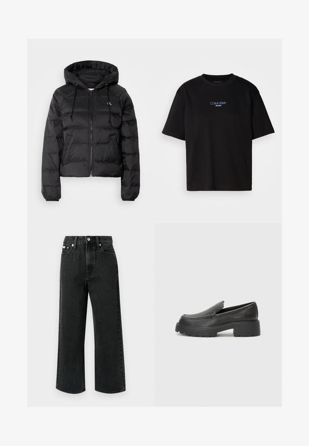Calvin Klein Jeans LIGHTWEIGHT LOGO PUFFER - Winter jacket - black; Black cotton t-shirt with a round neck, short sleeves, and blue embroidered "Calvin Klein JEANS" logo on the front.; Wide-leg jeans in black denim, featuring a high waist, two front pockets, a single back pocket, and a button closure with a silver accent.; Black leather loafers with a rounded toe, thick textured sole, and minimal stitching details. Sleek design with no visible laces or hardware.