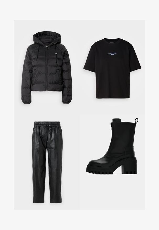 Calvin Klein Jeans LIGHTWEIGHT LOGO PUFFER - Winter jacket - black; Black cotton t-shirt with a round neck, short sleeves, and blue embroidered "Calvin Klein JEANS" logo on the front.; Black leather pants with an elastic waistband, drawstring closure, and a smooth texture. Features a relaxed fit and tapered leg design.; Black leather ankle boot with chunky lug sole, block heel, side zipper, and pull tab at the back on plain white background.