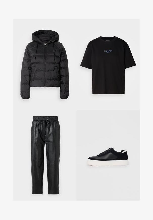 Calvin Klein Jeans LIGHTWEIGHT LOGO PUFFER - Ziemas jaka - black; Melna kokvilnas T-kreklu ar apaļu kaklu, īsām piedurknēm un zilu izšūtu "Calvin Klein JEANS" logo priekšpusē.; Melnas ādas bikses ar elastīgu jostu, sašaurināmu aizdari un gludu faktūru. Iespējama brīva piegriezuma un konusveida kāju dizains.; Melnas sporta kurpes ar gludu ādu un zamša paneļiem, plakaniem šņorēm, noapaļotu pirkstu daļu un baltu gumijas zolīti. Izteikts logo uz papēža.