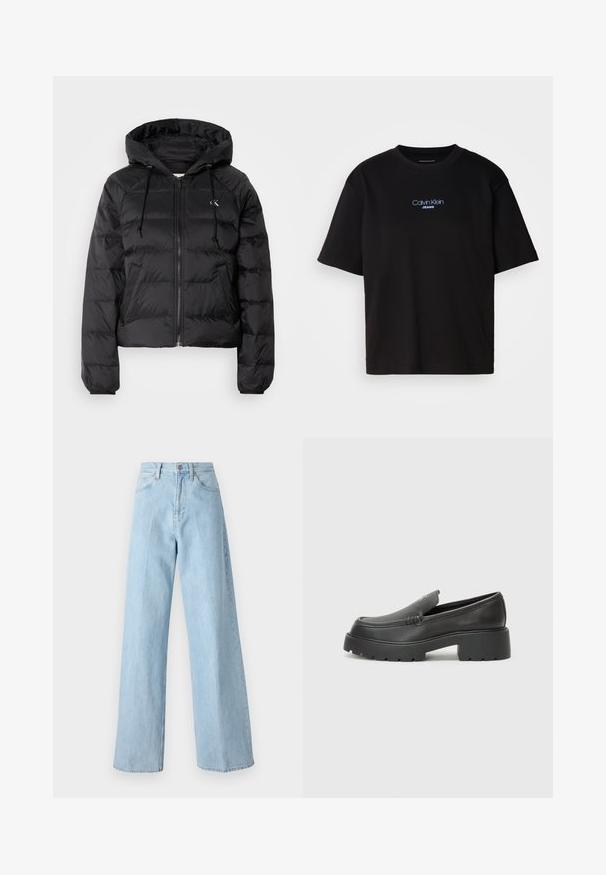 Calvin Klein Jeans LIGHTWEIGHT LOGO PUFFER - Talvejope - black; Mustmust särk ümmarguse kaelusega, lühikeste varrukatega ja sinise tikandiga "Calvin Klein JEANS" logo ees.; Heledad sinised laiad püksid, mis on valmistatud denimist; neil on kõrge vöökoht, viis taskut ja sirge lõige allääres.; Mustad nahast loafers ümarate varvastega, paksu tekstuuriga tald ja minimaalsete õmbluse detailidega. Viimistletud disain, kus pole nähtavaid paelu ega riistu.