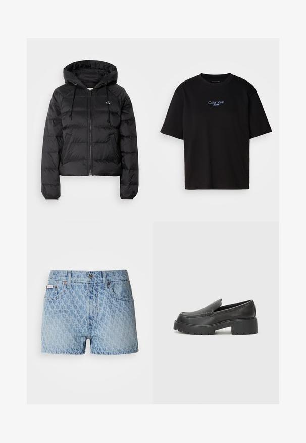 Calvin Klein Jeans LIGHTWEIGHT LOGO PUFFER - Zimska jakna - black; Črna bombažna majica s krožnim izrezom, kratkimi rokavi in modrim vezenim logotipom "Calvin Klein JEANS" na sprednji strani.; Denim kratke hlače v svetlo modri barvi z teksturiranim, ponavljajočim se vzorcem. Imajo gumbasto zapiranje in rdečo blagovno oznako na levem žepu.; Črne usnjene loafers čevlje z zaobljenim nosom, debelim teksturiranim podplatom in minimalnimi šivi. Elegantna zasnova brez vidnih vezalk ali kovinskih delov.
