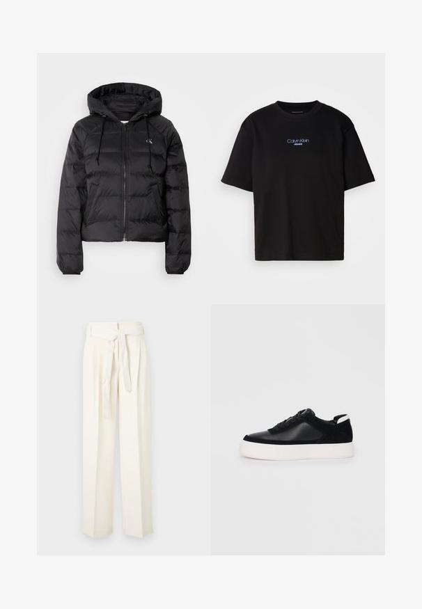 Calvin Klein Jeans LIGHTWEIGHT LOGO PUFFER - Zimska jakna - black; Crna pamučna majica s okruglim izrezom, kratkim rukavima i plavim izvezenim logom "Calvin Klein JEANS" na prednjoj strani.; Hlače širokog kroja boje kreme s remenom u struku. Izrađene su od mekog materijala, s nabranicama i glatkom teksturom bez uzoraka.; Crne tenisice s glatkom kožom i panelima od antilopa, ravne vezice, zaobljenim vrhom i bijelim gumeni potplat. Izraziti logo na peti.