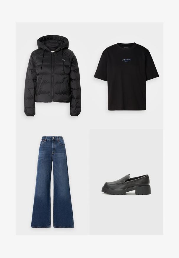 Calvin Klein Jeans LIGHTWEIGHT LOGO PUFFER - Jachetă de iarnă - black; Tricou din bumbac negru cu guler rotund, mâneci scurte și logo-ul brodat în albastru "Calvin Klein JEANS" pe față.; Jeans cu talie înaltă și cu picioare largi, fabricate din denim de culoare albastru închis, având închidere cu buton, cinci buzunare și ușoare estompari pe coapse.; Mocasini din piele neagră, cu vârf rotunjit, talpă groasă texturată și detalii minimale de cusătură. Design elegant, fără șireturi sau accesorii vizibile.