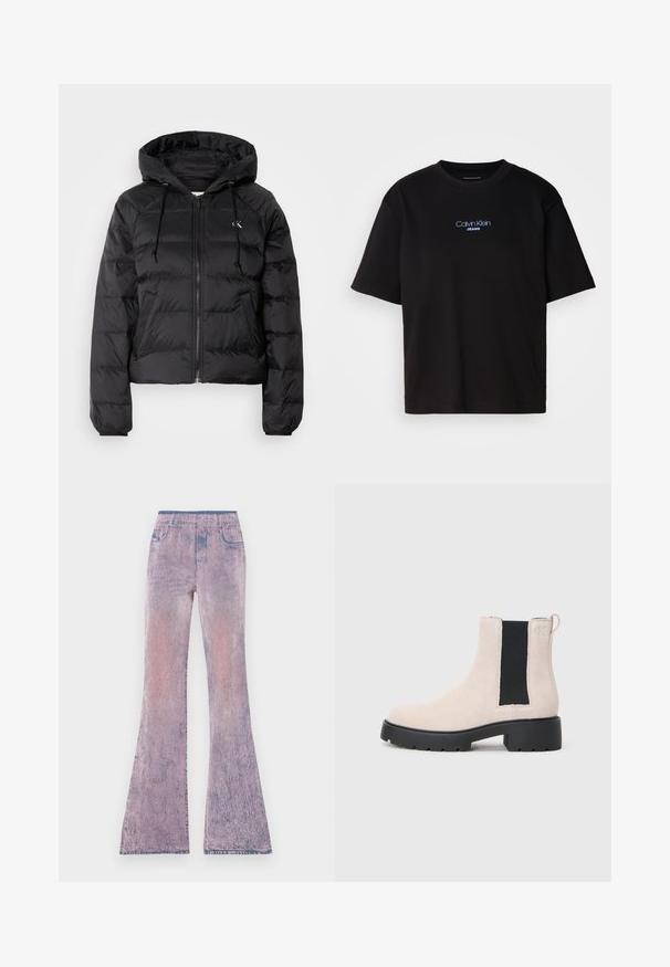 Calvin Klein Jeans LIGHTWEIGHT LOGO PUFFER - Vinterjakke - black; Sort bomull t-skjorte med rund hals, korte ermer, og blå brodert "Calvin Klein JEANS" logo på forsiden.; Flared jeans i en gradient fra pastellrosa til lilla med en falmet tekstur. Har elastisk midje og fem-lommers design.; Beige semsket Chelsea-støvel med svart elastisk sidepanel, kraftig svart såle og trekkflik ved ankelen.