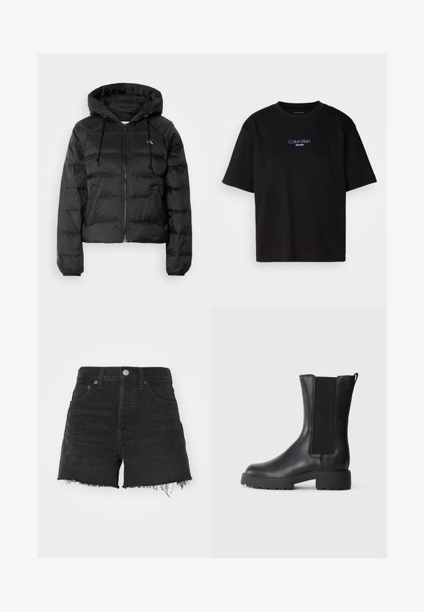Calvin Klein Jeans LIGHTWEIGHT LOGO PUFFER - Zimná bunda - black; Čierne bavlnené tričko s okrúhlym výstrihom, krátkymi rukávmi a modrým vyšívaným logom "Calvin Klein JEANS" na prednej strane.; Čierne deninové šortky s vysokým pásom, roztrhnutým lemom a medenými nitmi. Majú klasický dizajn s piatimi vreckami a zapínanie na gombík.; Čierna kožená členková obuv s elastickými bočnými panelmi, zaoblenou špičkou a robustnou gumovou podrážkou. Obsahuje jemne embosované logo na boku.