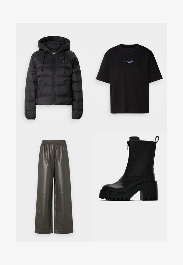 Calvin Klein Jeans LIGHTWEIGHT LOGO PUFFER - Jachetă de iarnă - black; Tricou din bumbac negru cu guler rotund, mâneci scurte și logo-ul brodat în albastru "Calvin Klein JEANS" pe față.; Pantaloni din piele faux de culoare verde măsliniu, cu picioare largi, talie elastică și detalii cu cusătură centrală, având o textură netedă și lucioasă.; Botine negre din piele cu talpă groasă, toc pătrat, fermoar lateral și manșetă la spate, pe un fundal alb simplu.