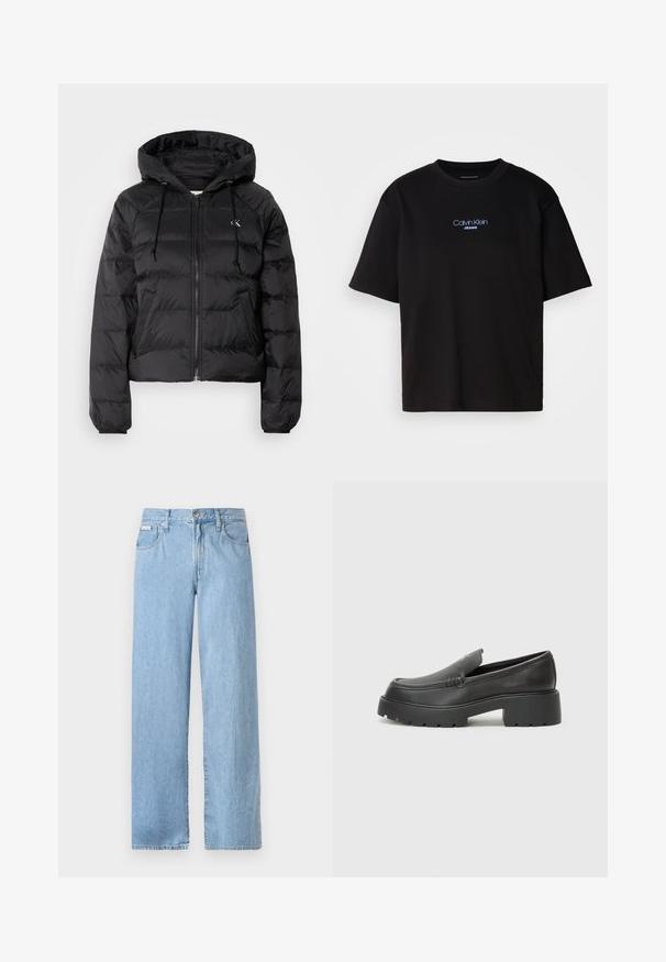 Calvin Klein Jeans LIGHTWEIGHT LOGO PUFFER - Casaco de inverno - black; T-shirt preta de algodão com gola redonda, mangas curtas e logo bordado azul "Calvin Klein JEANS" na parte da frente.; Jeans de perna larga em azul claro, feitos de denim, com uma cintura média, botão de metal e cinco bolsos com detalhes de costura visíveis.; Mocassins de couro preto com bico arredondado, sola espessa e texturizada, e detalhes de costura minimalistas. Design elegante sem atacadores ou ferragens visíveis.