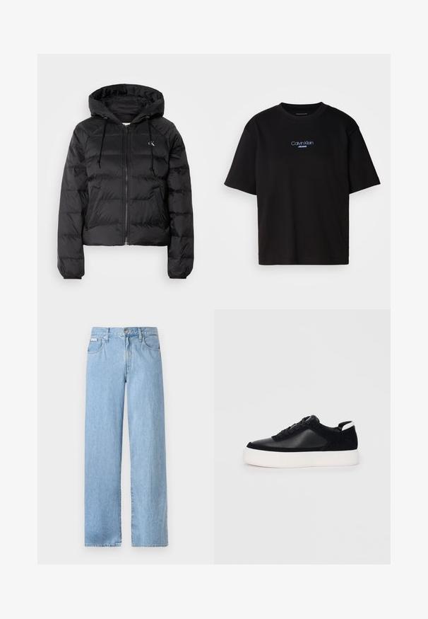 Calvin Klein Jeans LIGHTWEIGHT LOGO PUFFER - Jachetă de iarnă - black; Tricou din bumbac negru cu guler rotund, mâneci scurte și logo-ul brodat în albastru "Calvin Klein JEANS" pe față.; Jeans de denim, de culoare albastru deschis, cu croială largă, având o talie medie, închidere cu un buton metalic și cinci buzunare cu detalii de cusătură vizibile.; Sneaker negru cu piele netedă și panouri din întăritură, șireturi plate, vârf rotund și talpă din cauciuc alb. Logo distinct pe călcâi.