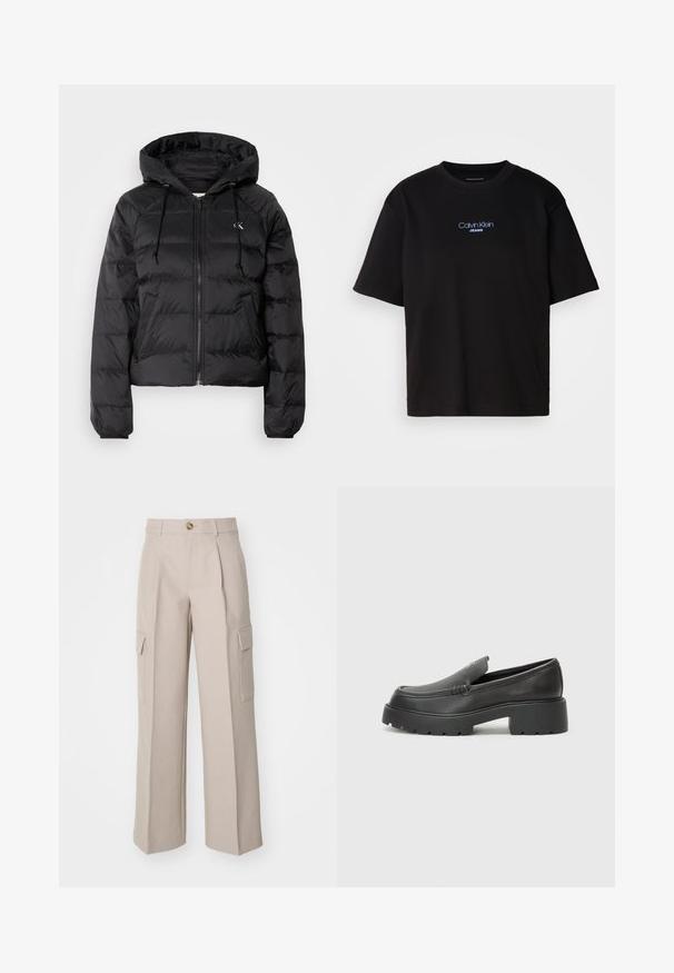 Calvin Klein Jeans LIGHTWEIGHT LOGO PUFFER - Téli dzseki - black; Fekete pamut póló kerek nyakkal, rövid ujjú, elöl kék hímzett "Calvin Klein JEANS" logóval.; Beige széles szárú nadrág, szövetből készült, elöl hajtásokkal és két oldalsó cargozsebből áll. Elöl gombos záródással.; Fekete bőr loafer cipők kerek orral, vastag, texturált talppal és minimális varrási részletekkel. Áramvonalas dizájn, látható fűzők vagy fém részek nélkül.