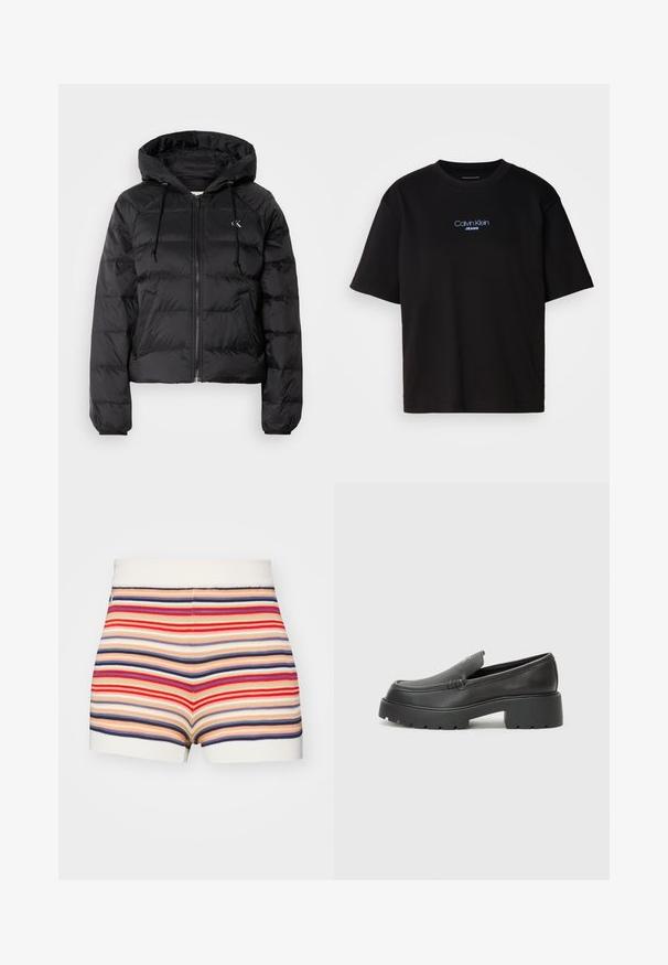 Calvin Klein Jeans LIGHTWEIGHT LOGO PUFFER - Vinterjakke - black; Sort bomull t-skjorte med rund hals, korte ermer, og blå brodert "Calvin Klein JEANS" logo på forsiden.; Røstrede shorts i krem, rød, blå og beige. Har en ribbestrikket midje og korte ben, med et teksturert strikket design.; Sorte skinnloafers med rund tå, tykk teksturert såle og minimale sømdetaljer. Strømlinjeformet design uten synlige snørebånd eller hardvarer.