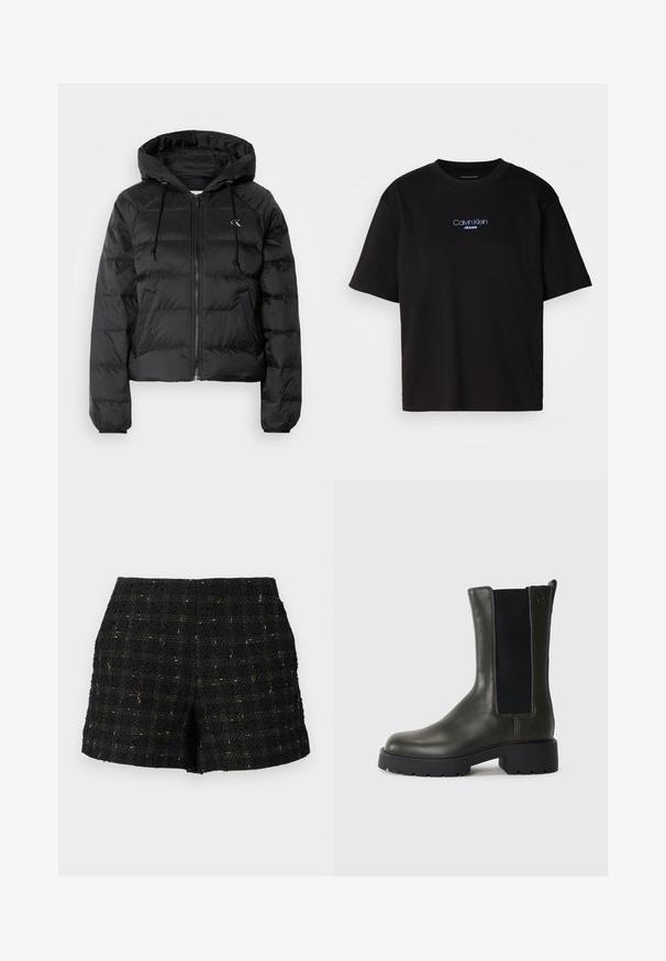 Calvin Klein Jeans LIGHTWEIGHT LOGO PUFFER - Winterjas - black; Zwart katoenen T-shirt met ronde hals, korte mouwen en blauw geborduurd "Calvin Klein JEANS" logo op de voorkant.; Zwarte tweed shorts met een gestructureerd oppervlak, voorzien van een ruitpatroon in gouden draden, een op maat gesneden vorm en een middelhoge taille.; Groene leren enkellaars met elastische zijpanelen, ronde neus en rubberen zool. Kenmerkt zich door een gestructureerde afwerking en een blokhak.